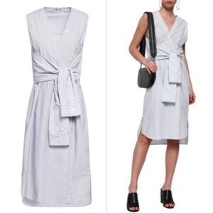 T by Alexander Wang White and Blue Striped Shirting Tie Front Dress Size 4